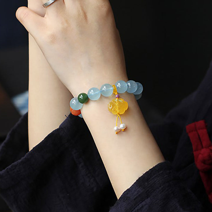Natural Aquamarine Amber Chinese Knotting Charm Peace Bracelet