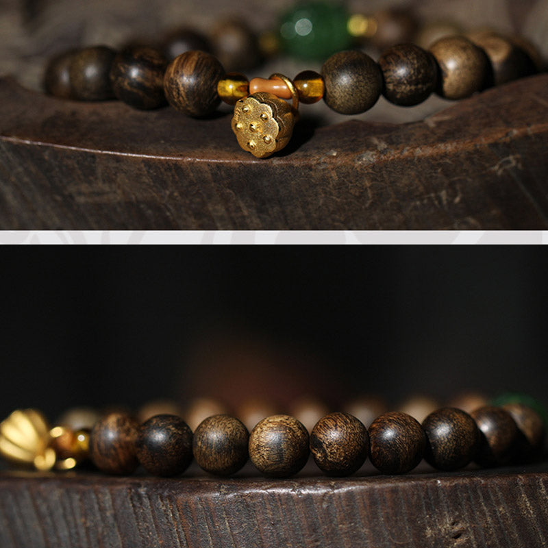 Buddha Stones 999 Gold Brunei Agarwood Cyan Jade Lotus Flower Peace Strength Bracelet