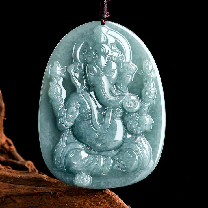 Buddha Stones Natural Jade Ganesh Ganpati Elephant Protection Amulet Necklace Pendant