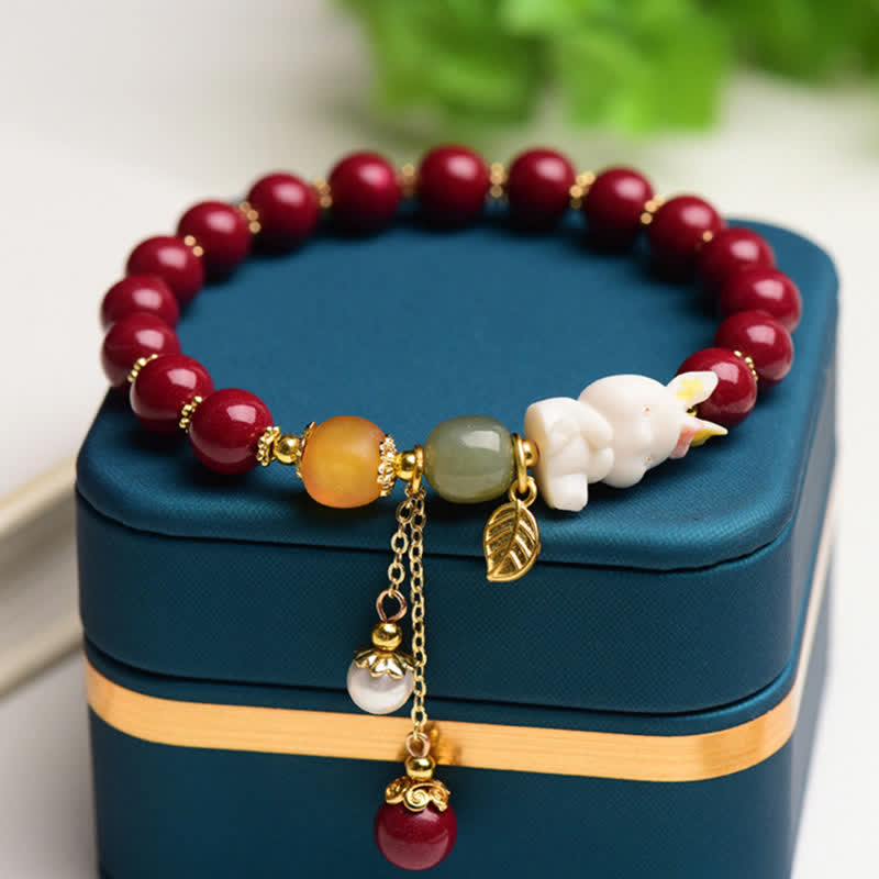 Year of the Rabbit Cinnabar Hetian Jade Bunny Beaded Blessing Bracelet