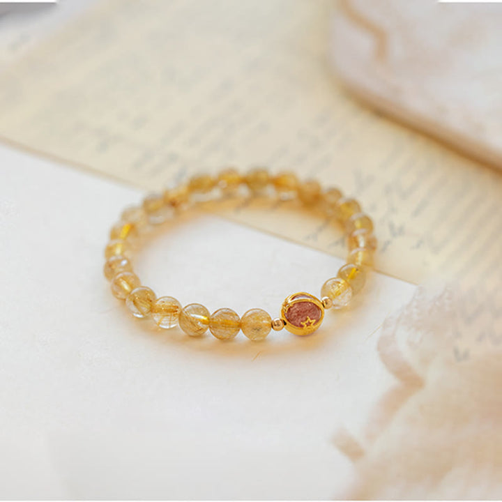 Buddha Stones Golden Rutilated Quartz Strawberry Quartz Star Protection Bracelet