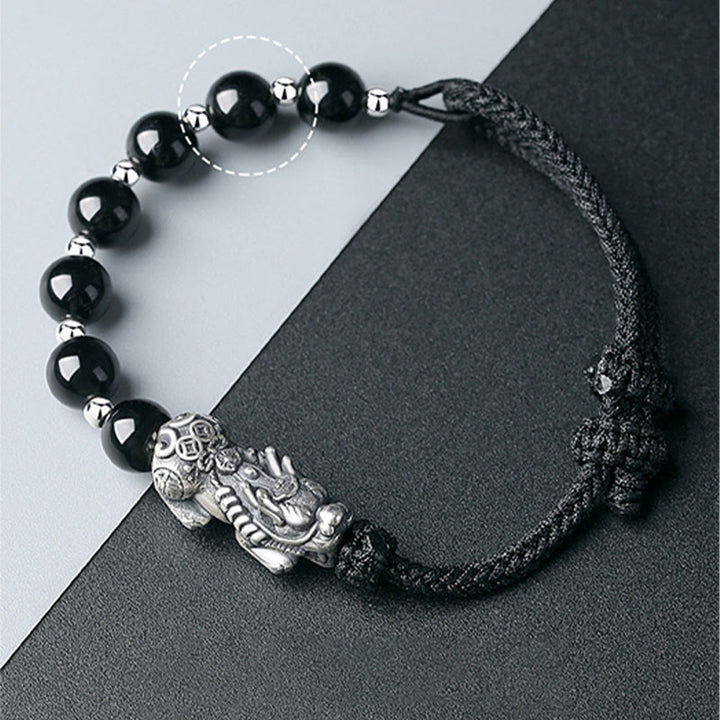 Buddha Stones 999 Sterling Silver FengShui PiXiu Natural Black Obsidian 925 Sterling Silver Bead Strength Bracelet