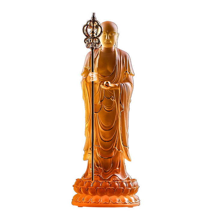 Buddha Stones Handmade Ksitigarbha Bodhisattva Figurine Liuli Crystal Art Piece Serenity Statue Home Decoration