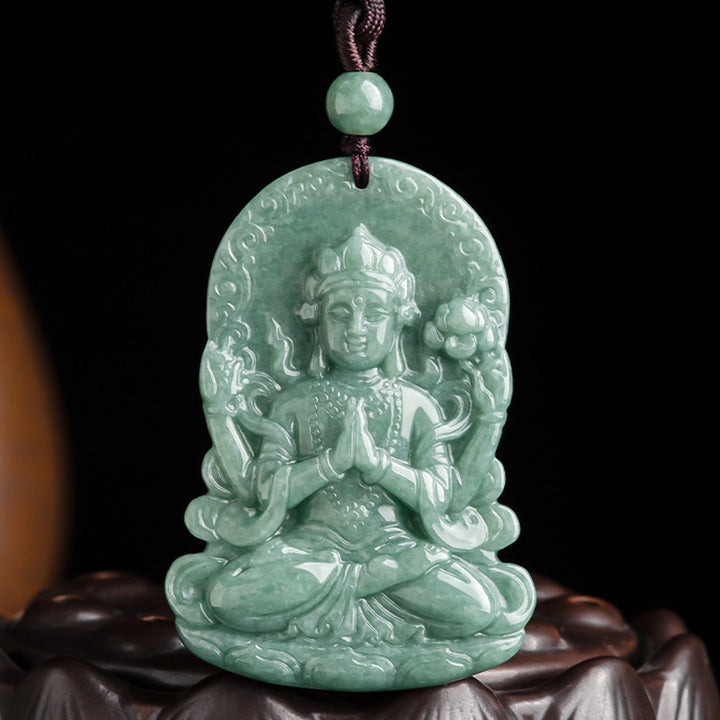 Four-armed Avalokitesvara Natural Jade Amulet Blessing String Necklace