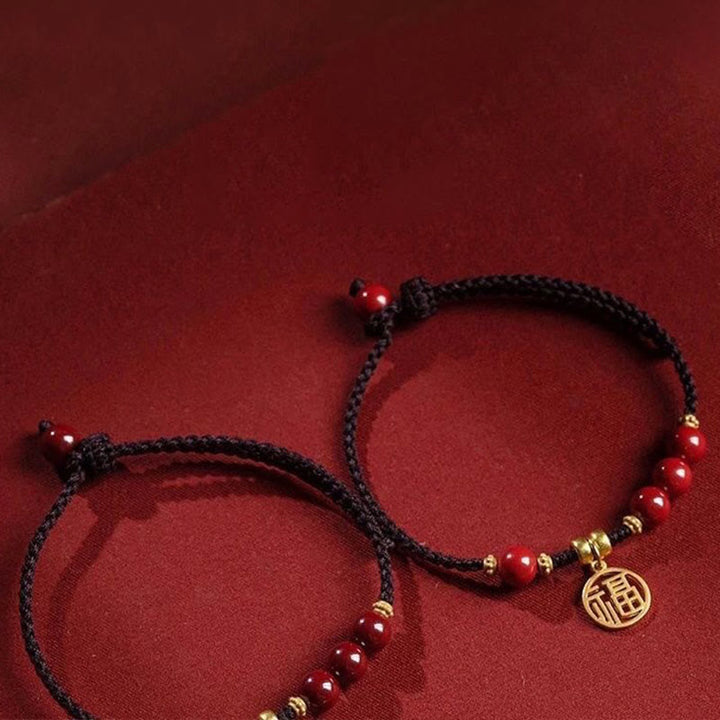 Buddha Stones Cinnabar Bead Fu Character Charm Blessing Braided String Bracelet