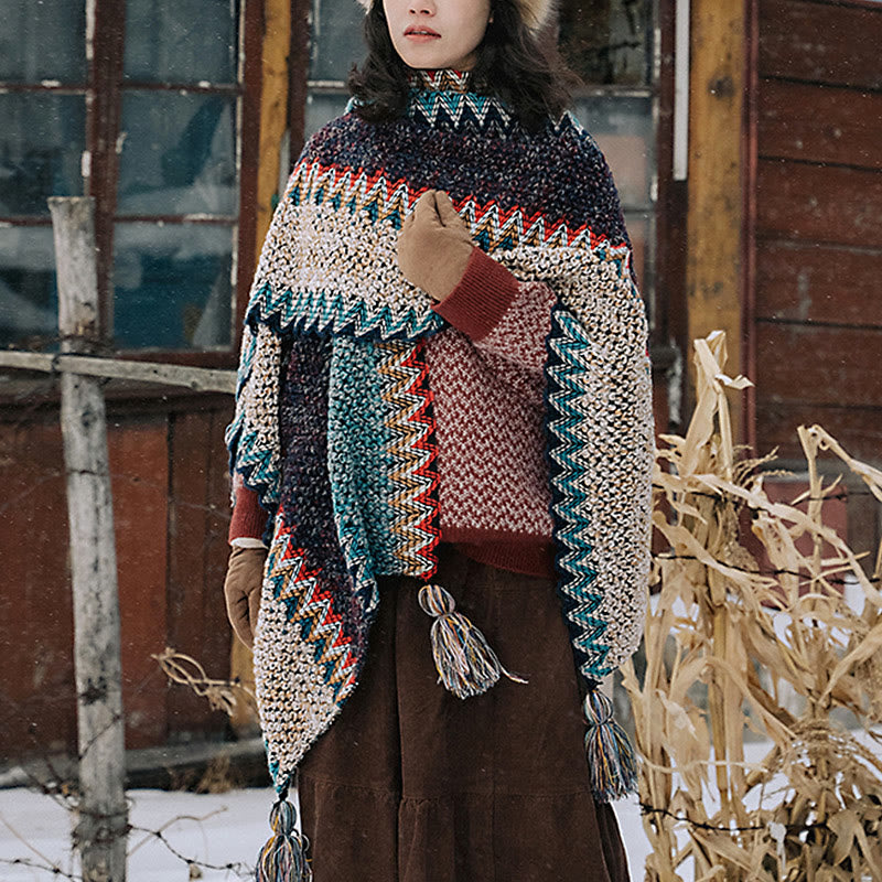 Tibetan Shawl Blue Beige Red Wavy Pattern Winter Warm Tassel Scarf