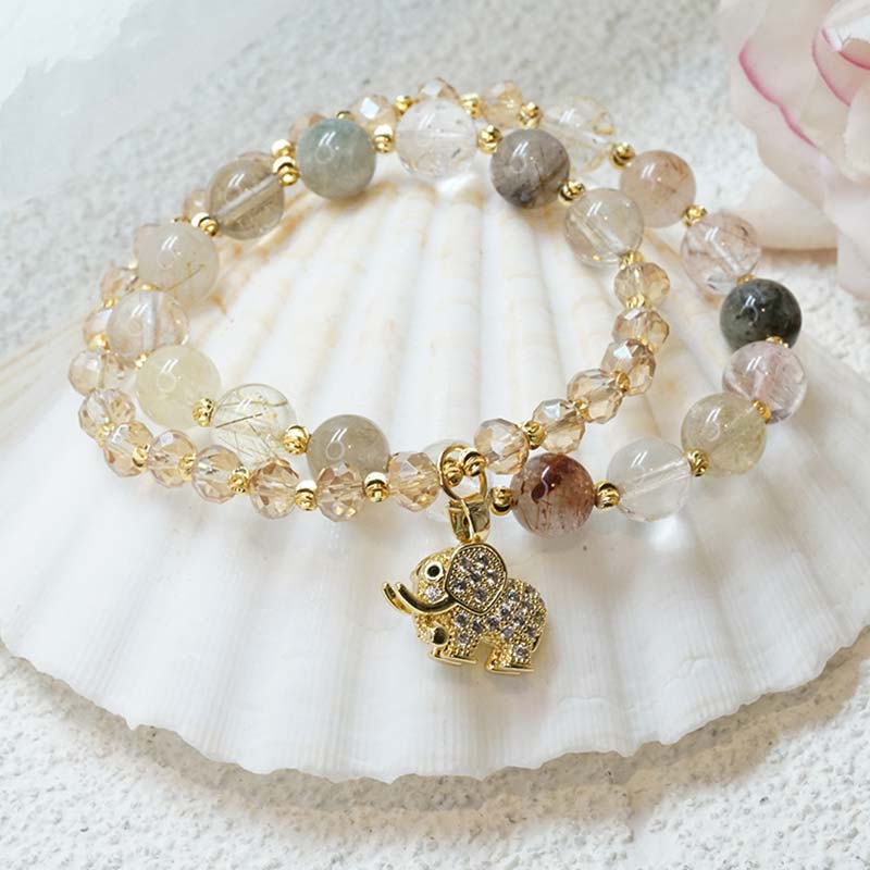 Buddha Stones Rose Quartz Elephant Healing Energy Charm Bracelet