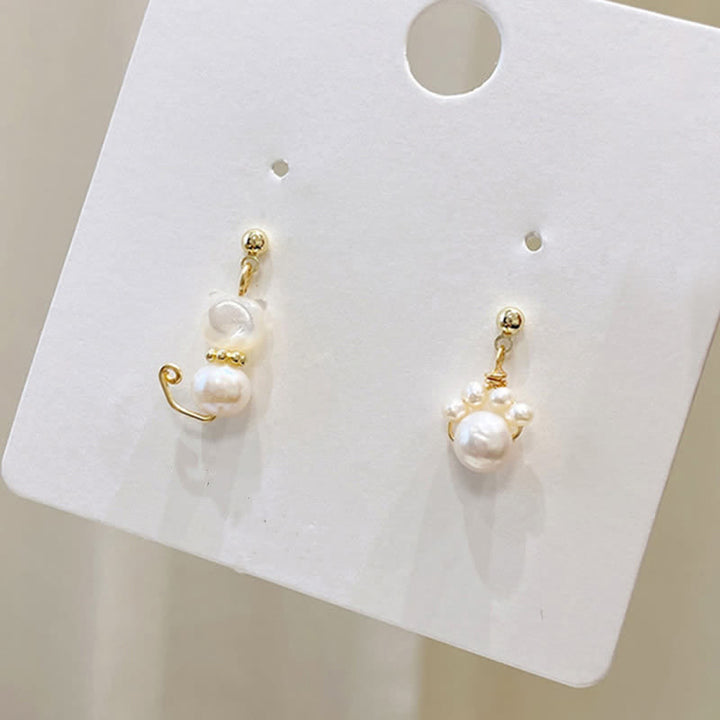 Buddha Stones Cute Cat Paw Pearl Wisdom Stud Drop Earrings