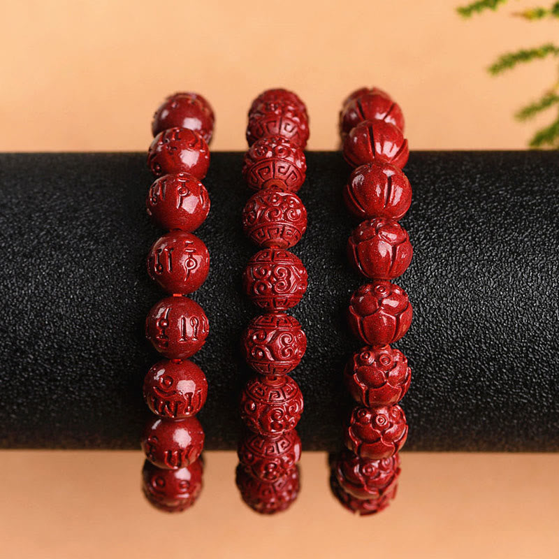 Buddha Stones Natural Cinnabar Om Mani Padme Hum Fret Pattern Lotus Blessing Bracelet