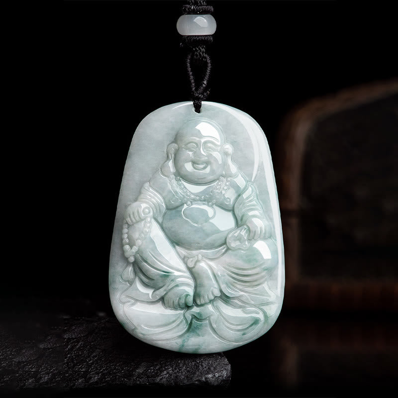 Buddha Stones Natural Jade Laughing Buddha Maitreya Buddha Luck String Necklace Pendant