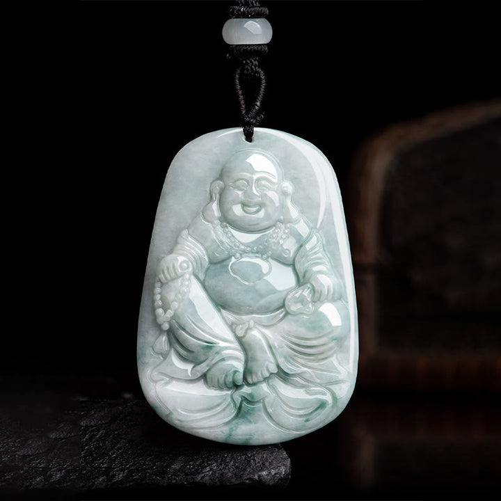 Buddha Stones Natural Jade Laughing Buddha Maitreya Buddha Luck String Necklace Pendant