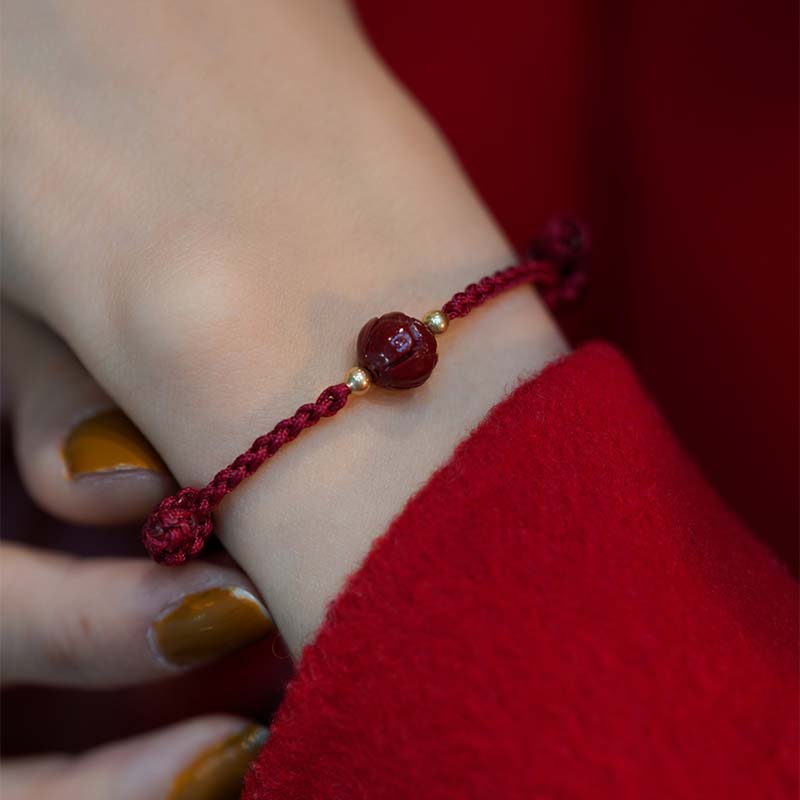 Buddha Stones Cinnabar Jade Lotus Calm Red String Weave Bracelet