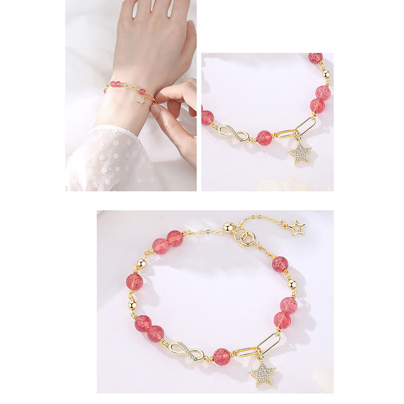 Buddha Stones 14K Gold Plated Natural Strawberry Quartz Moonstone Möbius Loop Eternal Love Star Positive Bracelet