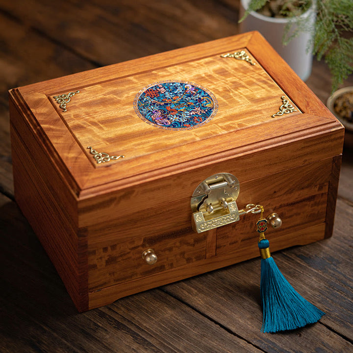 Antique Handmade Rosewood Jewelry Storage Box Lockable Large Double Layer Flower Wooden Gift Organizer Box