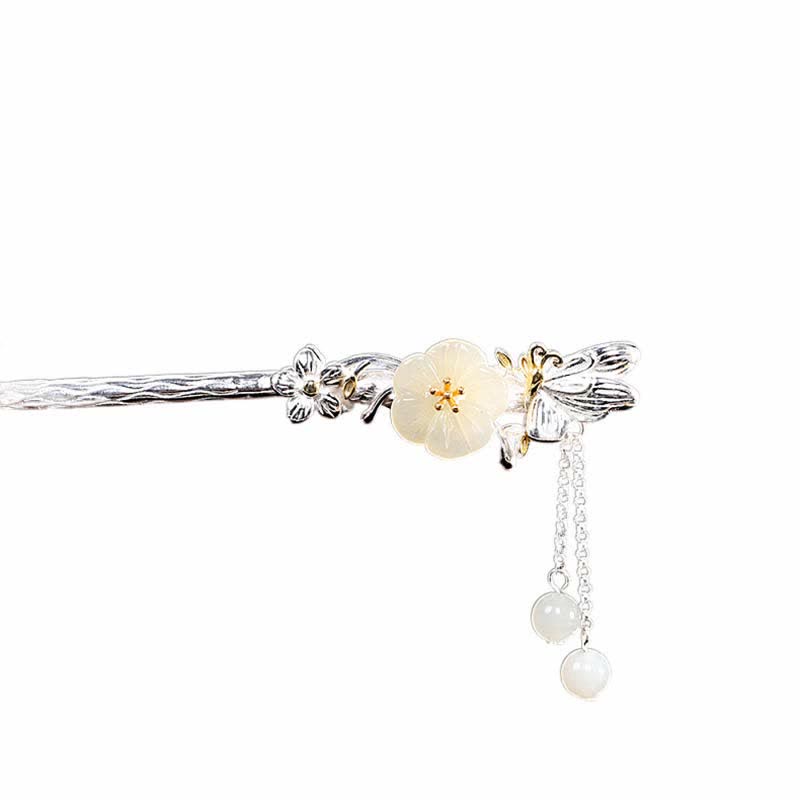 925 Sterling Silver Hetian White Jade Flower Blessing Hairpin