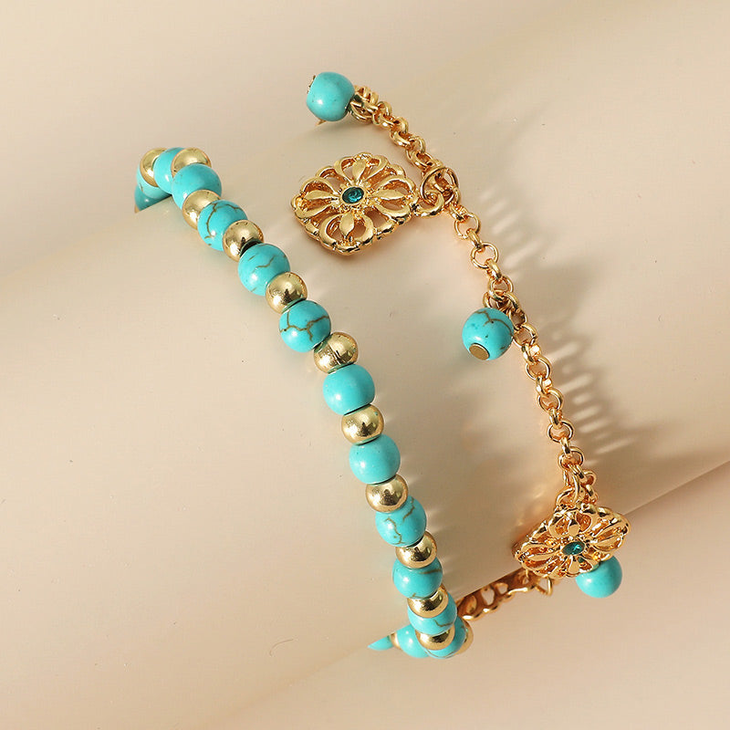 2Pcs Turquoise Stone Flower Protection Bracelet Anklet