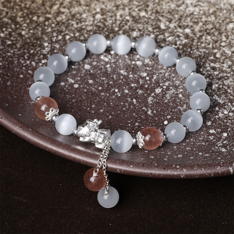 Buddha Stones Natural Cat's Eye Moonstone Strawberry Quartz PiXiu Support Bracelet