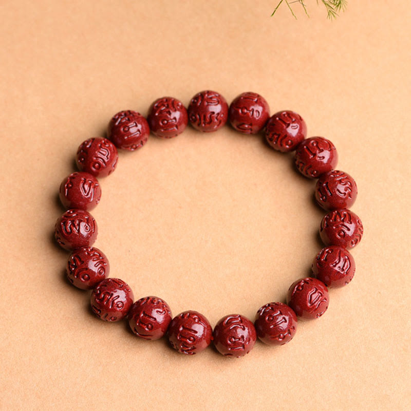 Buddha Stones Natural Cinnabar Om Mani Padme Hum Fret Pattern Lotus Blessing Bracelet