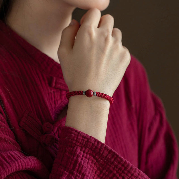 Buddha Stones 925 Sterling Silver Natural Cinnabar Bead Calm Handmade Braided String Bracelet