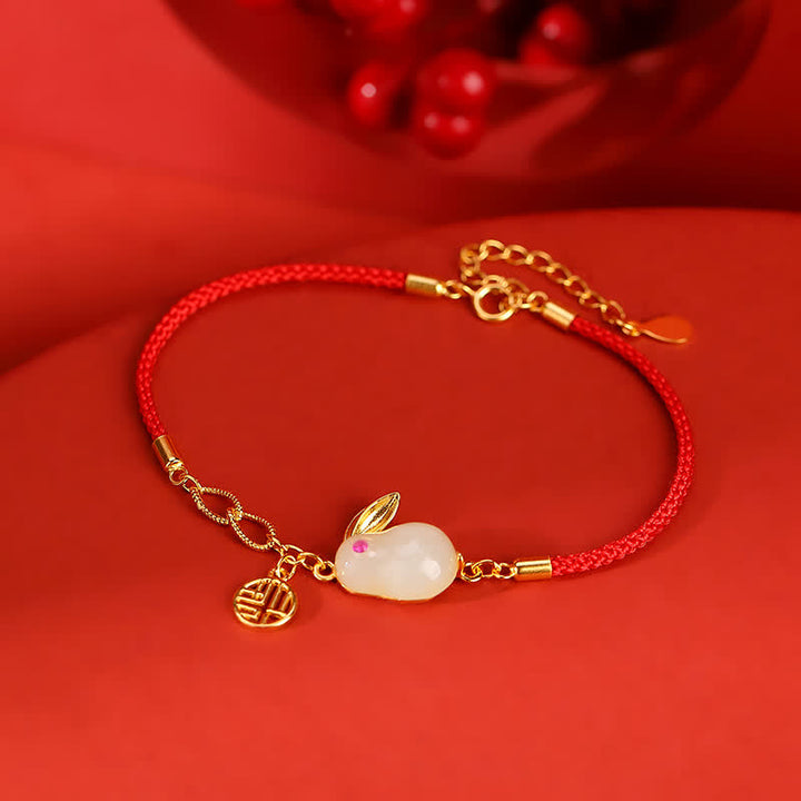 925 Sterling Silver Year of the Rabbit Hetian White Jade Luck Blessing Red String Bracelet