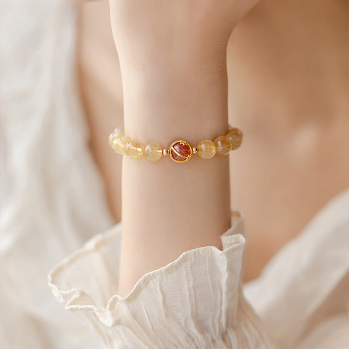 Buddha Stones Golden Rutilated Quartz Strawberry Quartz Star Protection Bracelet