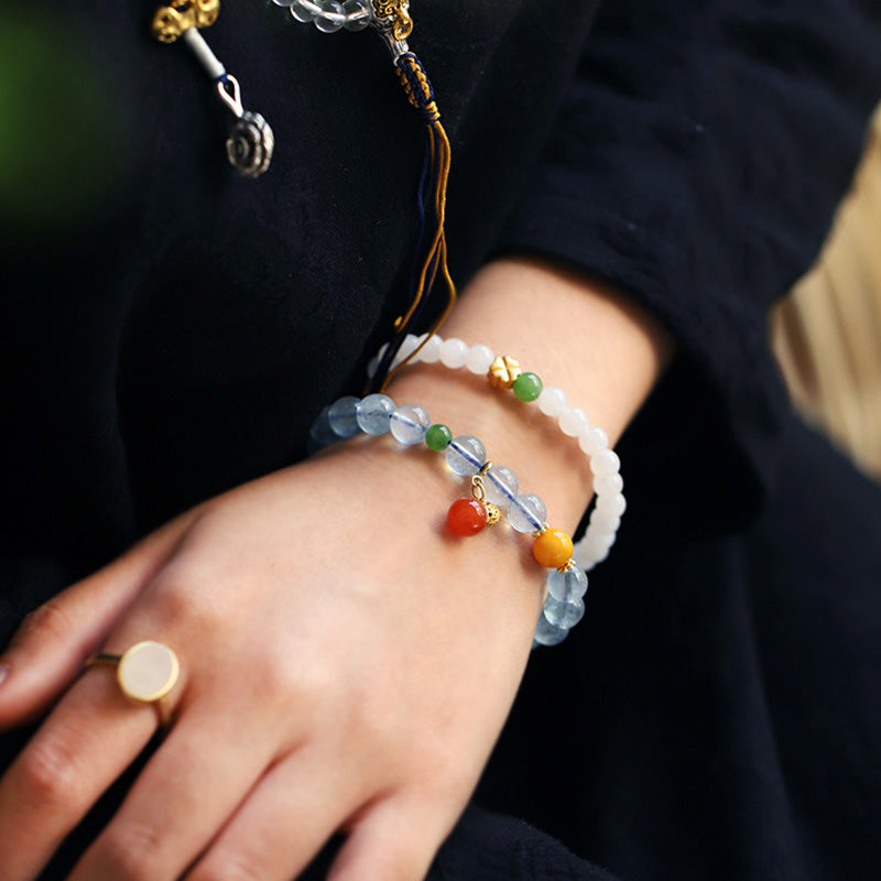 Aquamarine Red Agate Peace Gourd Charm Bracelet