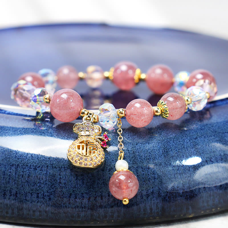 Buddha Stones Natural Strawberry Quartz Crystal Money Bag Charm Positive Bracelet