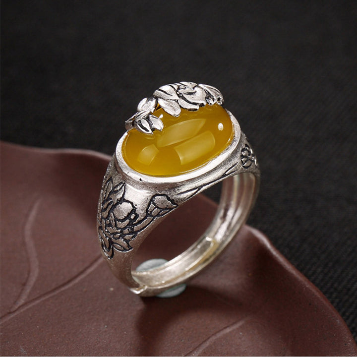 Buddha Stones Silver Citrine Lotus Blessing Protection Adjustable Ring