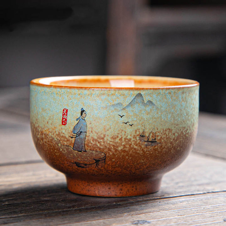 Buddha Stones Colorful Deer Pipa Snow Plum Blossoms Mountains Rivers Bird Ceramic Teacup Kung Fu Tea Cup Bowl