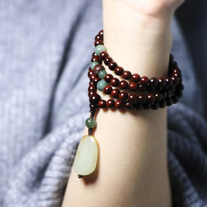 Buddha Stones Tibetan Small Leaf Red Sandalwood Jade Mala Meditation Bracelet