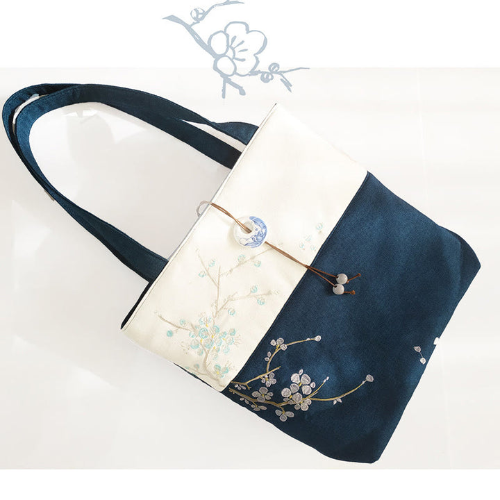 Pear Flower Plum Peach Blossom Bamboo Embroidery Canvas Large Capacity Shoulder Bag Tote Bag