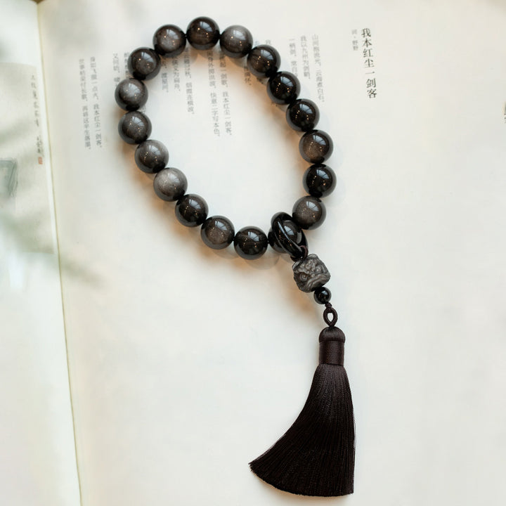 Natural Silver Sheen Obsidian Black Obsidian Lion Wrist Mala Protection Tassels Pocket Mala Car Decoration