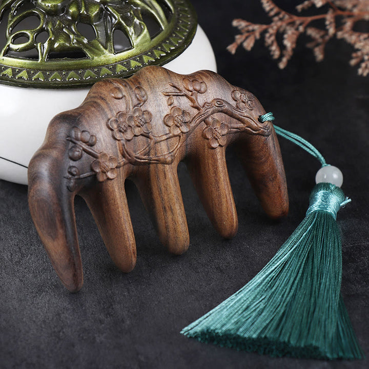 Green Sandalwood Plum Blossom Flowers Lotus Koi Fish Engraved Soothing Tassel Comb