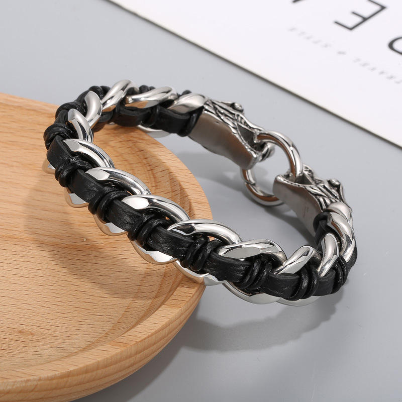 Dragon Leather Titanium Steel Protection Luck Braided Bracelet