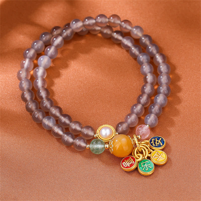 Buddha Stones Natural Gray Agate Peace And Joy Charm Balance Double Wrap Bracelet