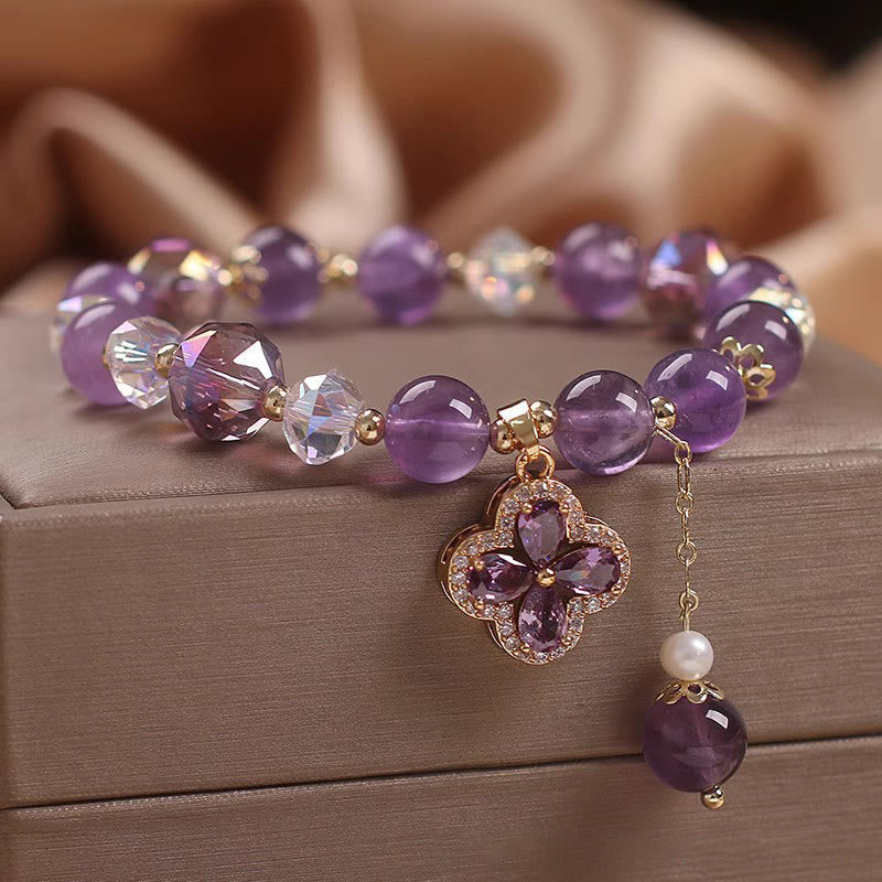 Buddha Stones Natural Amethyst Crystal Four Leaf Clover Spiritual Healing Bracelet