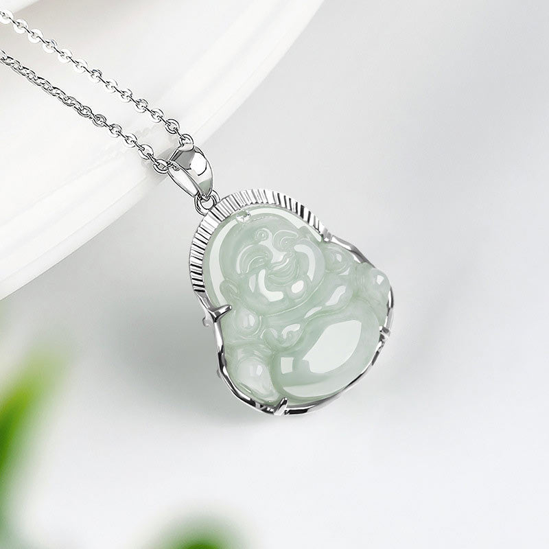 Buddha Stones '925 Sterling Silver Laughing Buddha Jade Luck Calm Necklace Chain Pendant