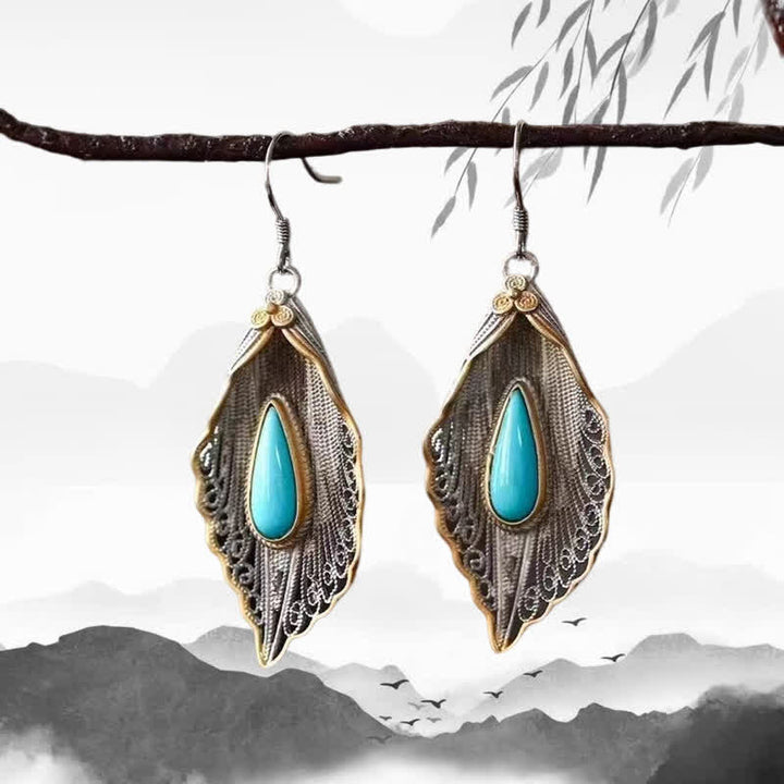 925 Sterling Silver Turquoise Bodhi Leaf Pattern Protection Drop Dangle Earrings