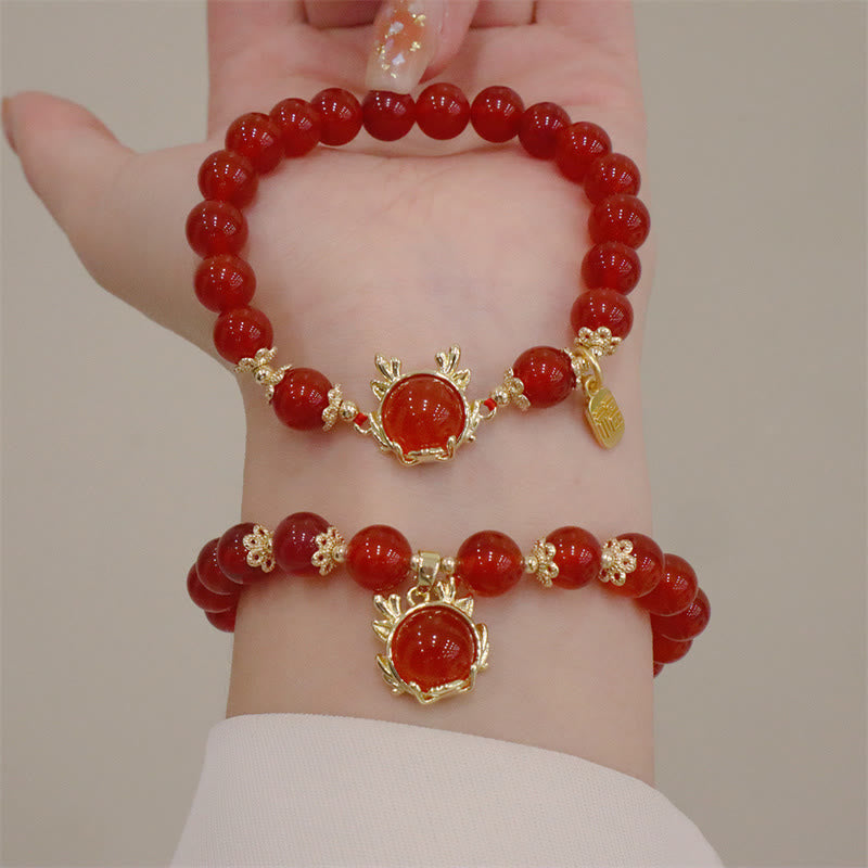 Buddha Stones Year of the Dragon Red Agate Jade Peace Buckle Fu Character Success Bracelet