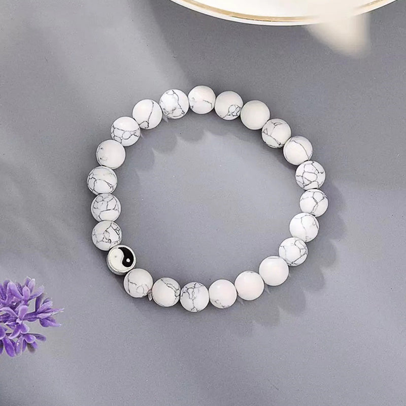 Buddha Stones 3pcs Natural White Turquoise Frosted Stone Bead Yin Yang Wealth Bracelet