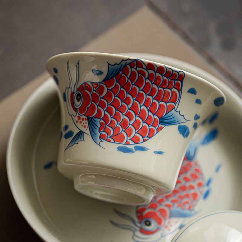 Buddha Stones Koi Fish Arowana Ceramic Gaiwan Sancai Teacup Kung Fu Tea Cup With Lid 130ml