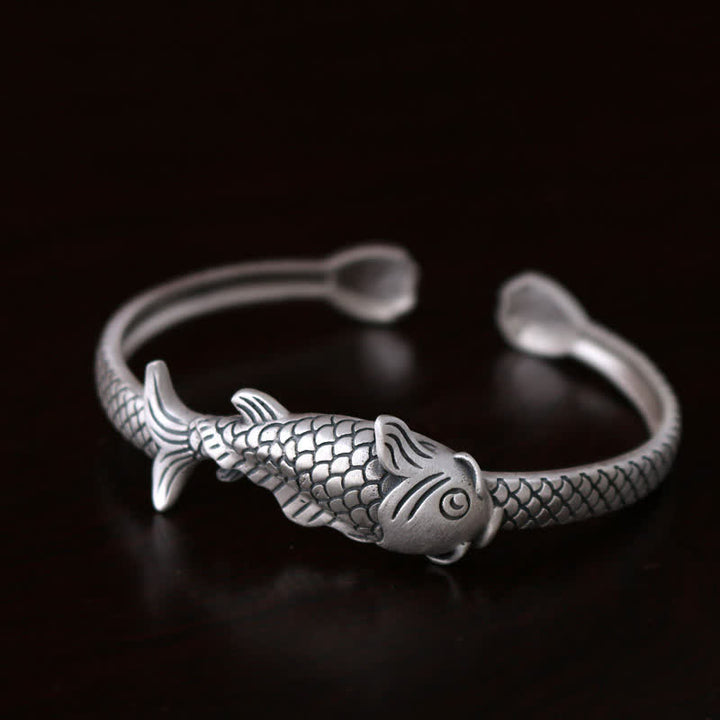 990 Sterling Silver Koi Fish Lotus Luck Wealth Bracelet Bangle