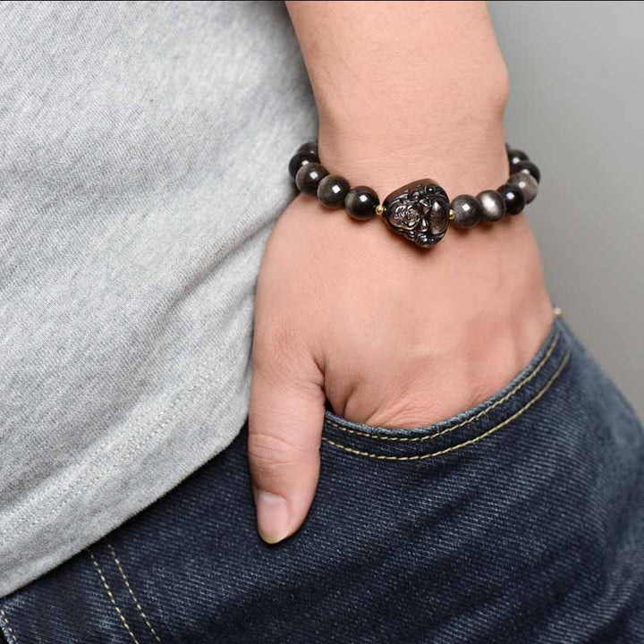 Buddha Stones Silver Sheen Obsidian Lotus Flower Nine Tailed Fox Laughing Buddha Protection Bracelet