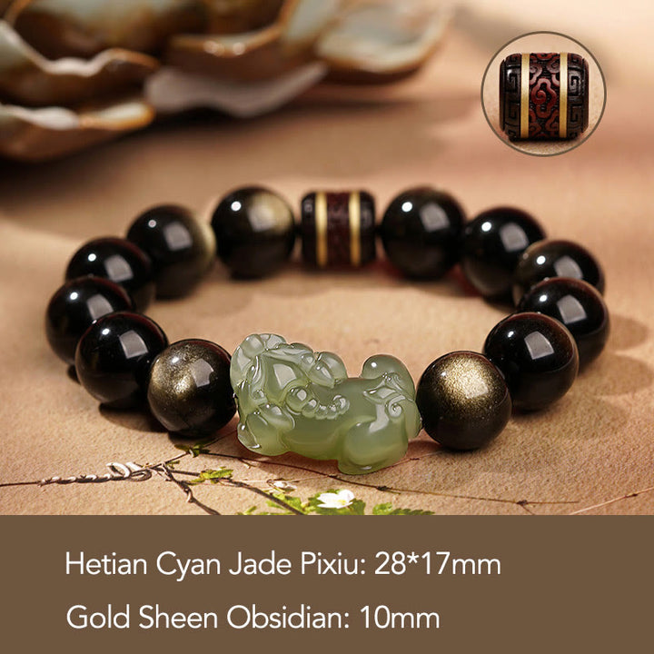 Buddha Stones Natural Gold Sheen Obsidian Hetian Cyan Jade White Jade PiXiu Wealth Bracelet