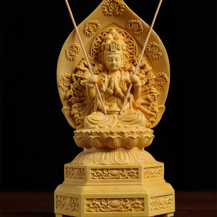 Buddha Stones Handmade Thousand-armed Avalokitesvara Kwan Yin Bodhisattva Statue Boxwood Abundance Home Decoration