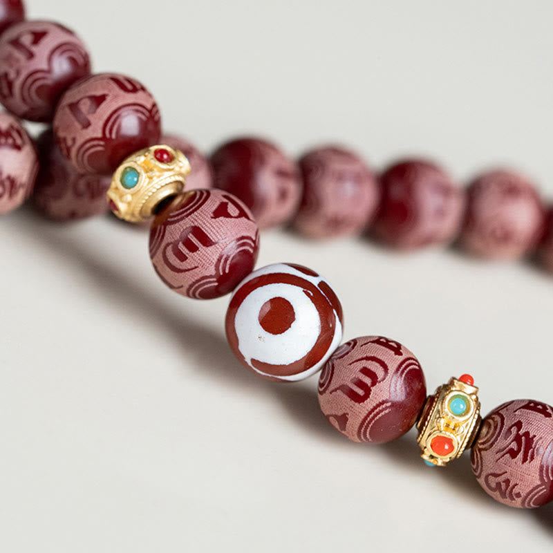 Buddha Stones Red Bodhi Seed Om Mani Padme Hum Lotus Engraved Harmony Bracelet
