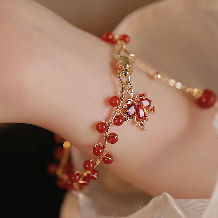 Buddha Stones Red Maple Leaf Luck Charm Bracelet