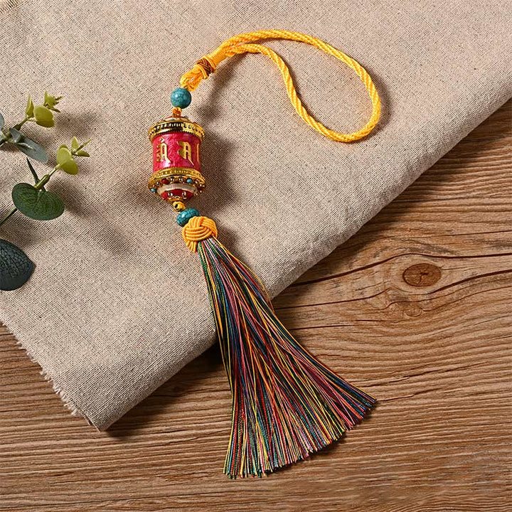 Tibet Om Mani Padme Hum Prayer Wheel Colorful Tassels Bag Car Hanging Decoration