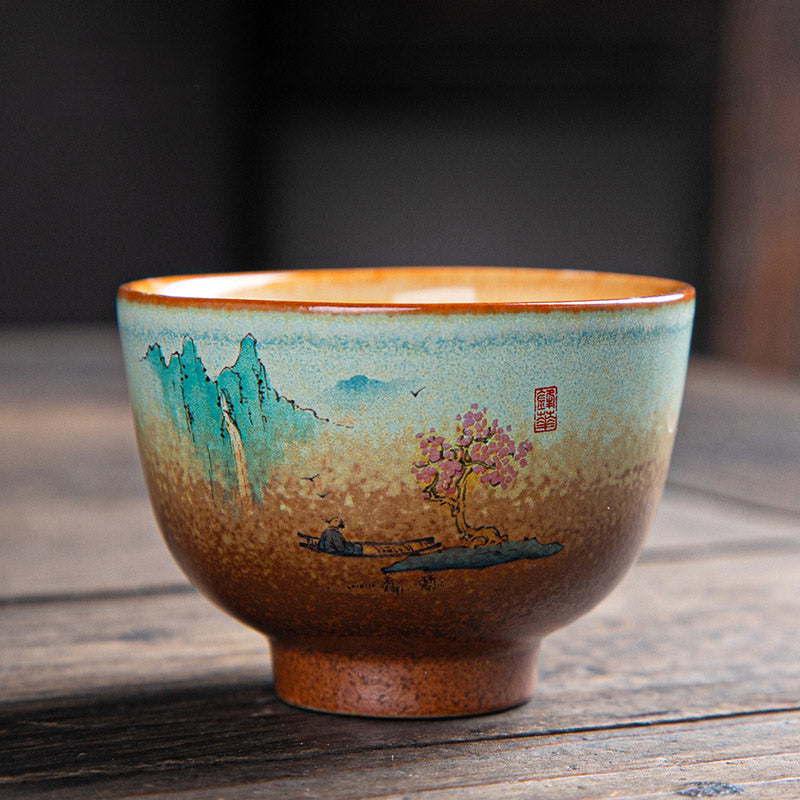 Buddha Stones Colorful Deer Pipa Snow Plum Blossoms Mountains Rivers Bird Ceramic Teacup Kung Fu Tea Cup Bowl