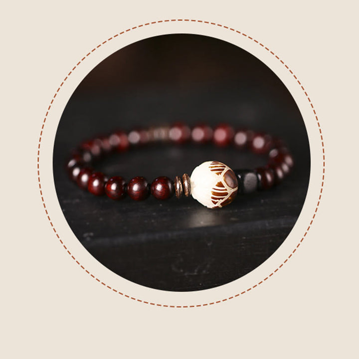 Buddha Stones Small Leaf Red Sandalwood Lotus Bodhi Seed Carved Protection Double Wrap Bracelet